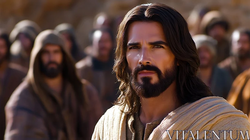 Epic period leader portrait before blurred followers.