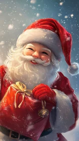 Smiling Santa holding red gift sack in falling snow.