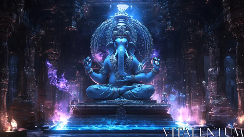 Divine elephant deity statue in glowing digital temple.