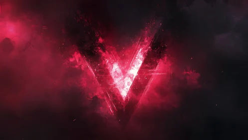 Glowing red V emblem in dense abstract smoke field.