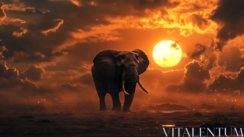 Gentle elephant wandering under a glowing sunset sky.