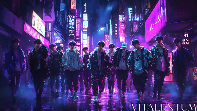 Neon-soaked street collective under rainlit cyberpunk glow.