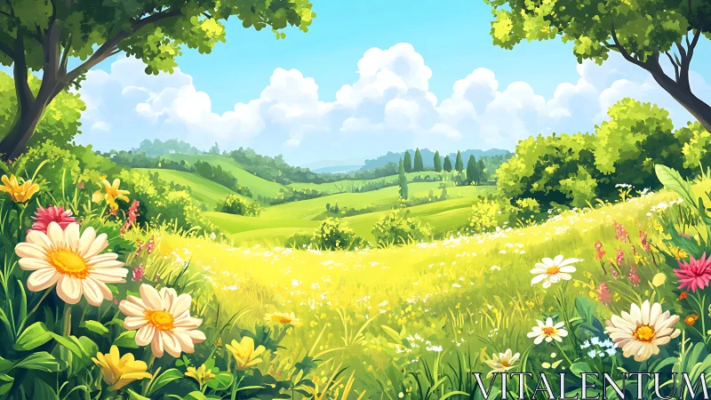 Sunlit wildflower meadow opening to rolling green hills.