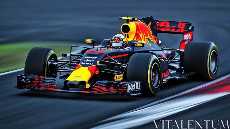 Formula race car on track in motion, side perspective.