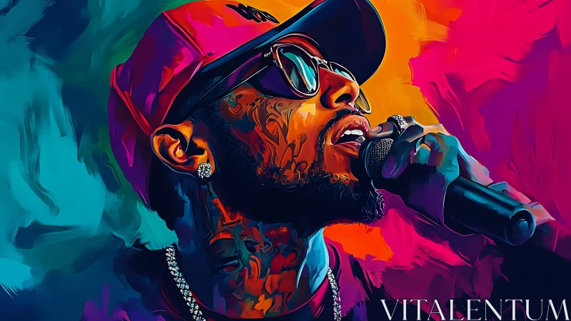Vibrant digital portrait of hip hop singer with microphone.