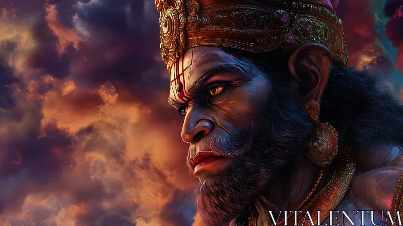 Digital painting profile of divine warrior in storm-lit chiaroscuro.