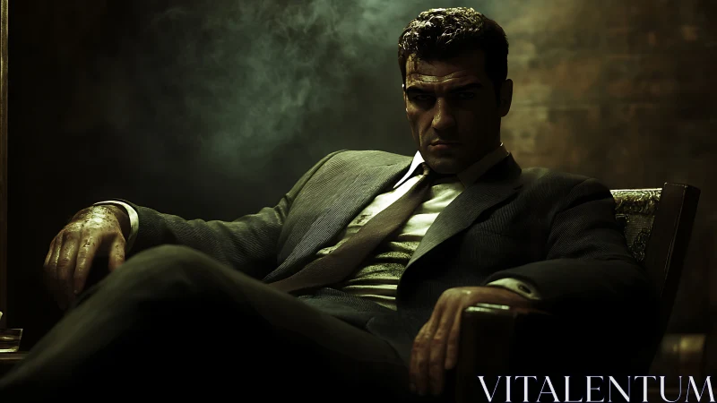 Brooding mob boss seated in smoke filled chiaroscuro room.