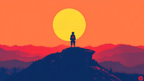 Solitary hero gazes toward a bold sun over painted peaks