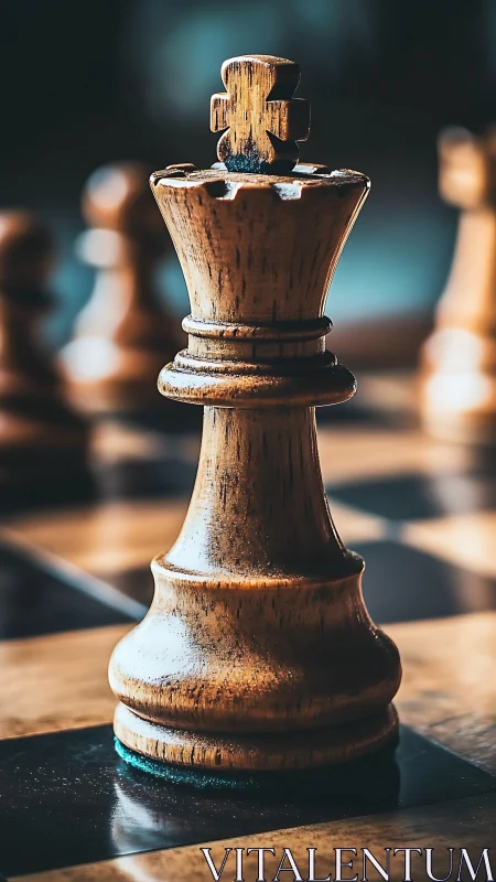 Polished wooden king chess piece rendered in photoreal detail