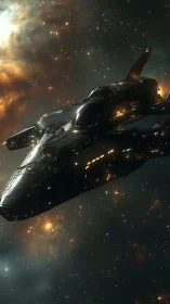 Stealth starfighter cruises through nebula-lit deep space.