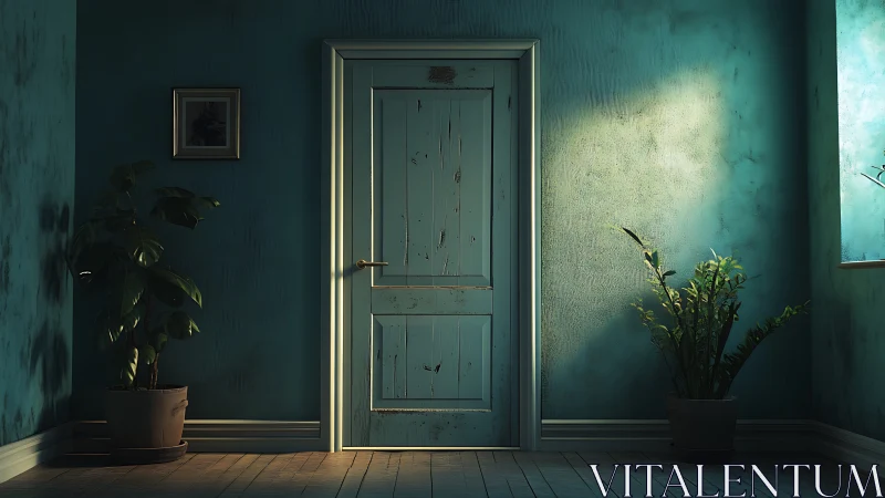 Interior view shows teal door with plants and directional light