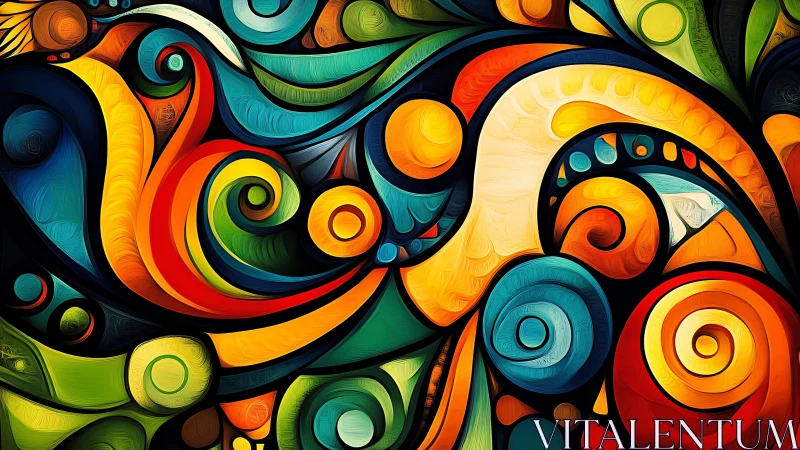 Joyful swirl of rainbow shapes in lively abstract color.