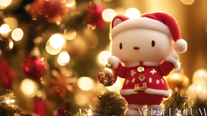 Photorealistic kawaii holiday cat figurine with bokeh lights.