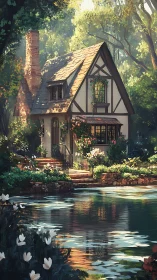 Sunlit cottage nestles by a quiet pond in a flowered garden