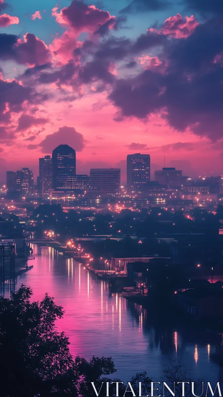 Neon-lit riverside skyline under magenta cyan gradient dusk sky