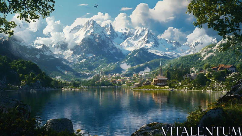 Mountain village reflects on still alpine lake beneath clouds