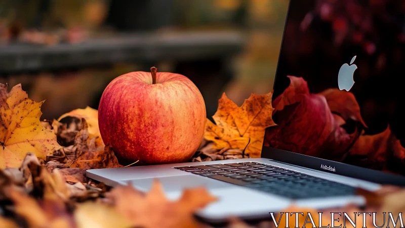 Red apple and laptop among autumn leaves outdoors.
