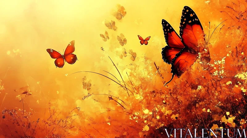 Glowing orange butterflies drift gently through golden meadow light