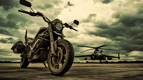 Military style motorcycle and attack helicopter on runway.