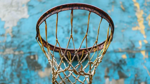 Weathered basketball hoop inviting memories of playground games.