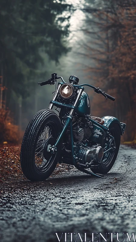 Lone teal bobber waits for foggy forest road secrets.
