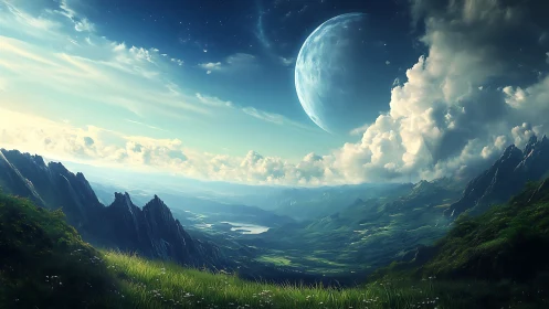 Moonlit valley dreams beneath towering emerald cliffs.