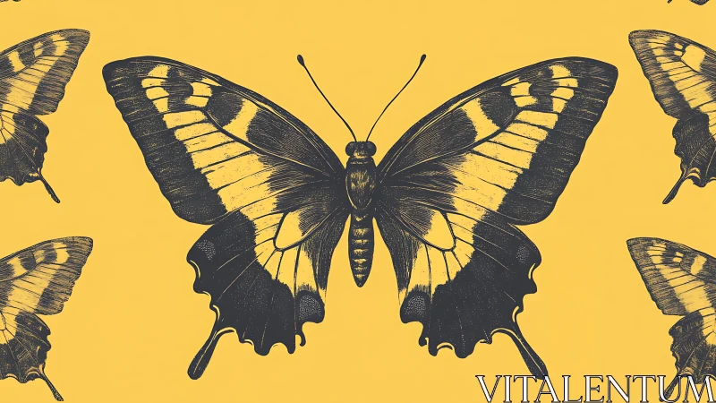 Entomological butterfly engraving contrasts against flat yellow ground