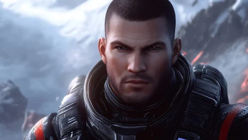 Armored male soldier stares ahead in icy battlefield