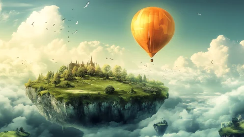 Skyward kingdom island drifting beside a lone amber balloon.