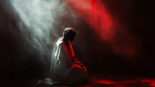 Backlit robed figure kneeling in volumetric red-white haze.