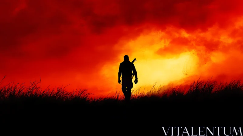 Lone wanderer crossing a burning red horizon at dusk.