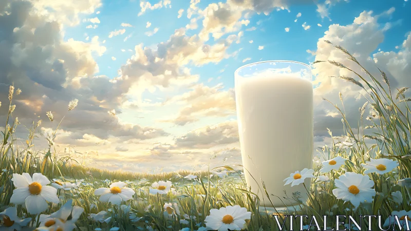 Sunlit glass of milk amid dreamy daisy meadow landscape.