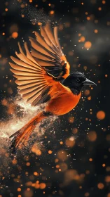 Orange-black bird in mid-flight with particle dispersion effect.