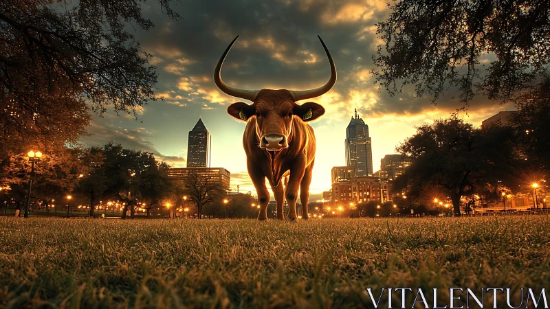 Sunset longhorn stares down the glittering city skyline.