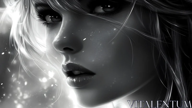 High-contrast monochrome portrait applies specular highlights and bloom