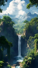 Hidden jungle waterfall carves a luminous path through cliffs