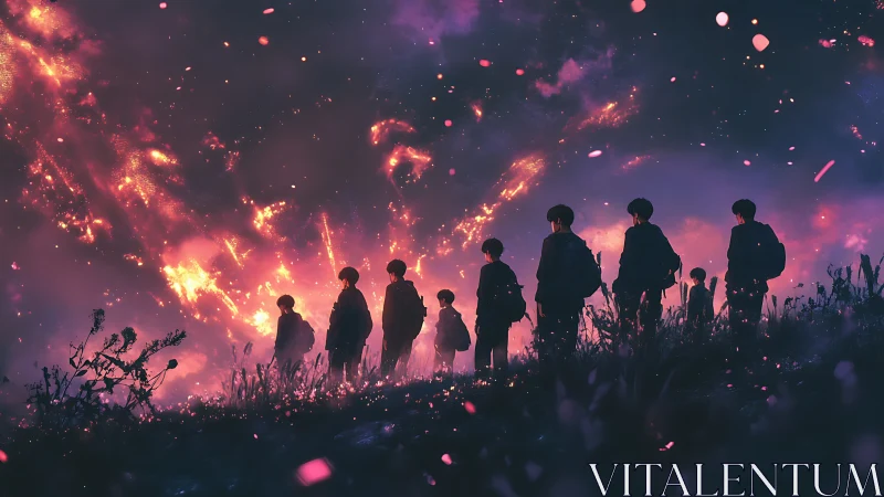 Silhouetted Group Standing Before Cataclysmic Explosion of Cosmic Fire