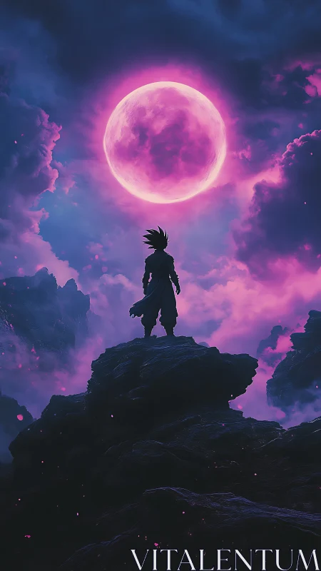 Celestial warrior silhouette under radiant magenta moon.