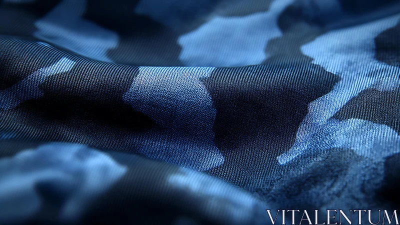 Blue camouflage fabric texture in close-up macro photography style.