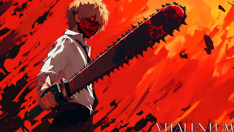 Bloodstained figure with chainsaw against red abstract field.