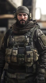 Bearded tactical soldier in modern combat gear portrait.