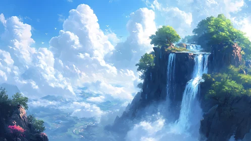 Towering cliff waterfalls under bright blue sky.