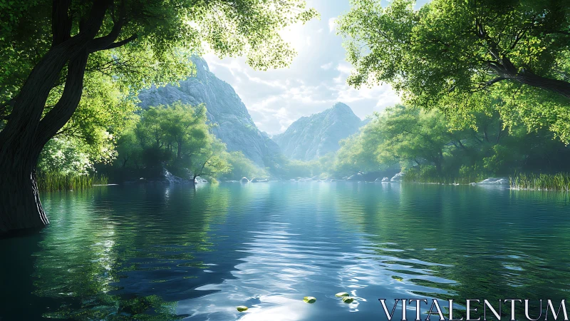 Gentle mountain lake wrapped in bright summer greenery.