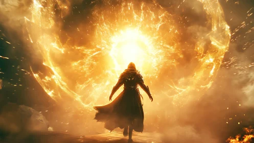 Hooded wanderer steps into a blazing portal of golden light.