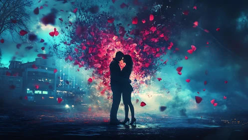 Urban Romance: Silhouetted Couple Beneath Exploding Hearts