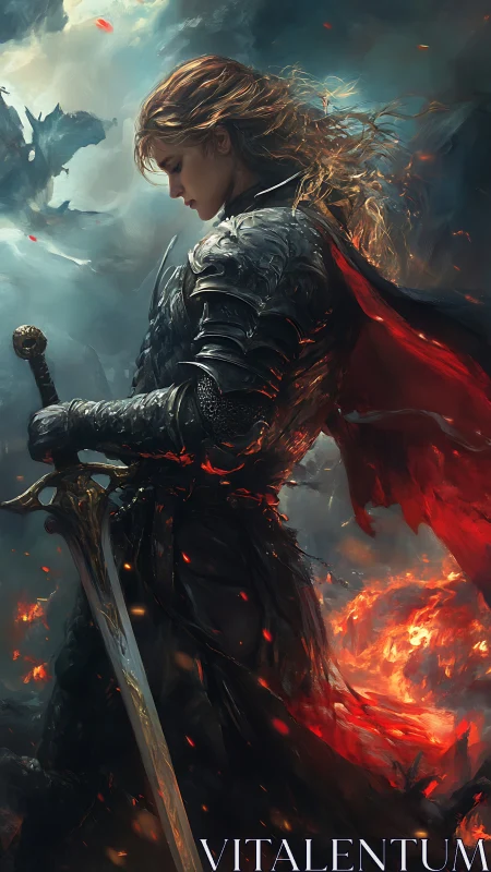 Armored warrior with sword amid fire and storm clouds.