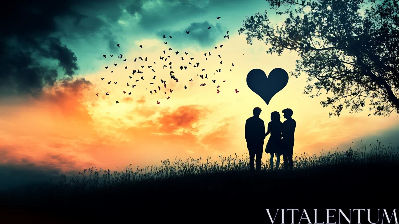 Family silhouette beneath heart symbol at golden sunset.