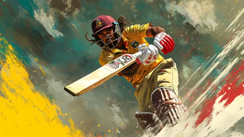 Cricketer in batting motion rendered with dynamic brush strokes