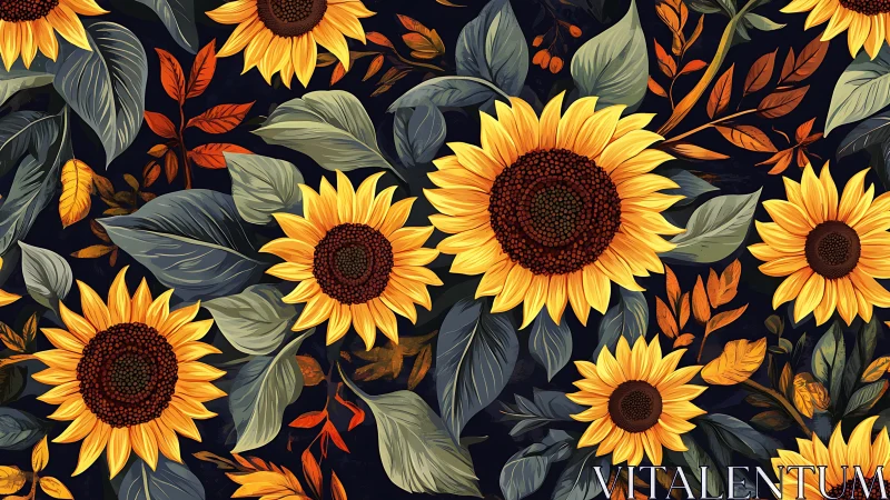 Sunflower Field Pattern with Autumn Foliage on Dark Background.