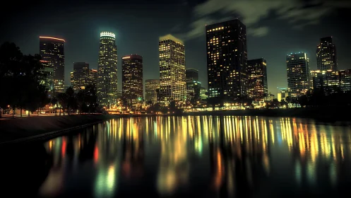 Nocturnal high-rise skyline with specular waterfront reflections.